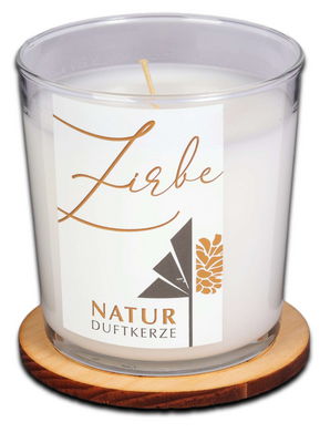 Natur Duftkerze Zirbe mit Untersetzter "Blume des Lebens"