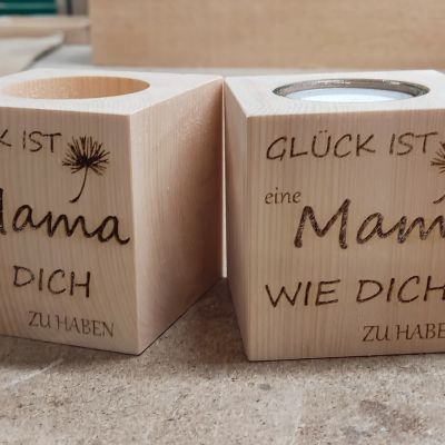 Zirben Würfel Teelichthalter mit Spruch